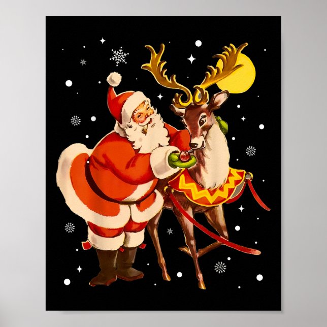 Santa Reindeer Retro 1950s Vintage Christmas Women Poster (Front)
