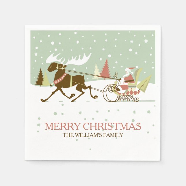 Santa & Reindeer Retro Christmas Design Napkin (Front)