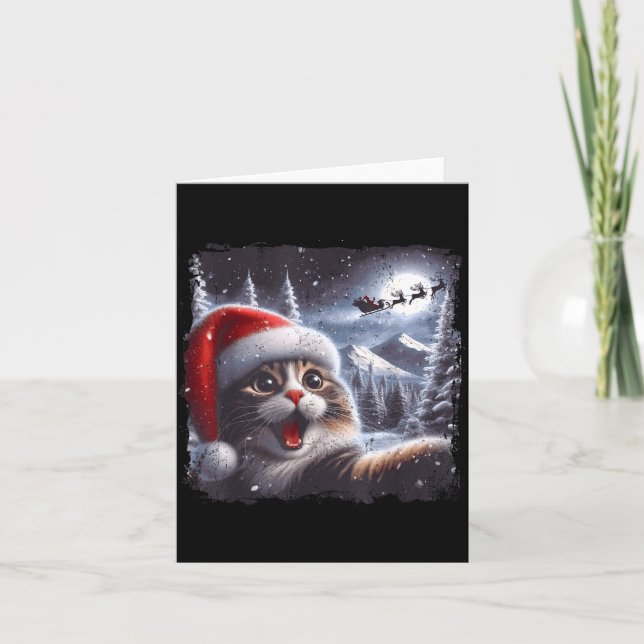 Santa Reindeer Selfie Cat Funny Christmas Tee  Card (Front)