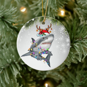Santa Reindeer Shark Gift For Shark Lover Ceramic Tree Decoration