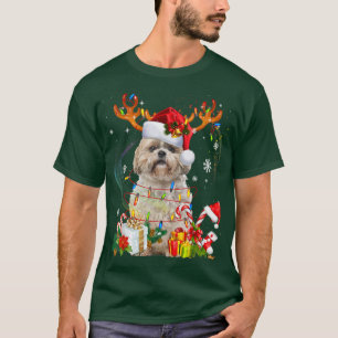 Santa Reindeer Shih Tzu Christmas Lights Xmas Dog T-Shirt