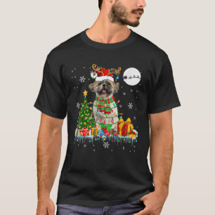 Santa Reindeer Shih Tzu Christmas Tree Light Dog L T-Shirt