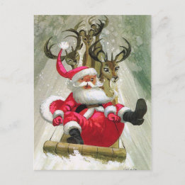 Santa & Reindeer Sleigh Riding  Modern Vintage Holiday Postcard