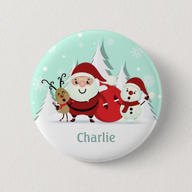 Santa, Reindeer & Snowman custom name button (Front)