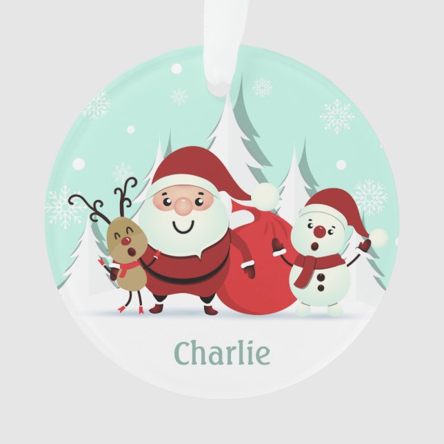 Santa, Reindeer & Snowman custom name ornament (Front)