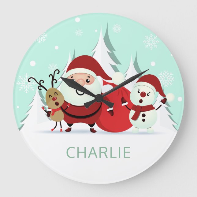 Santa, Reindeer & Snowman custom name wall clocks (Front)