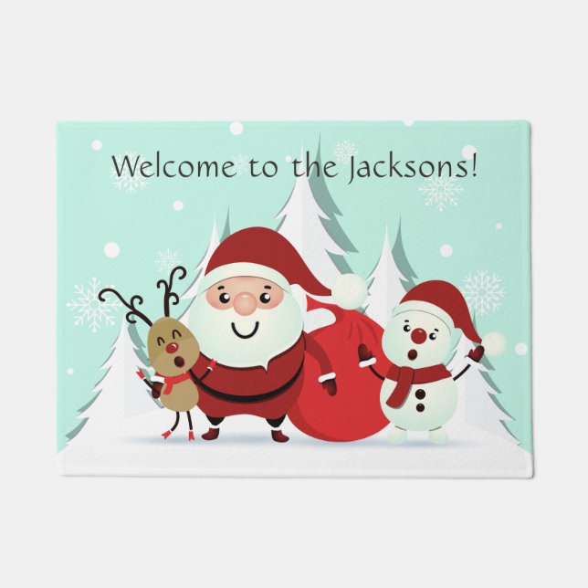 Santa, Reindeer & Snowman custom text door mat (Front)