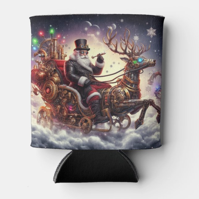 Santa/Reindeer steampunk Christmas/winter Can Cooler (Front)