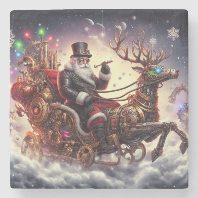 Santa/Reindeer steampunk Christmas/winter Stone Coaster (Front)