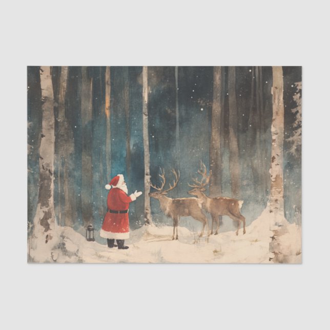 Santa Reindeer Vintage Christmas Tissue Paper (Front)