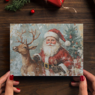 Santa Reindeer Vintage Decoupage Christmas  Postcard