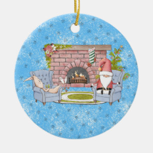 Santa Relaxing by the Fireplace with Easter Bunny Ceramic Tree Decoration