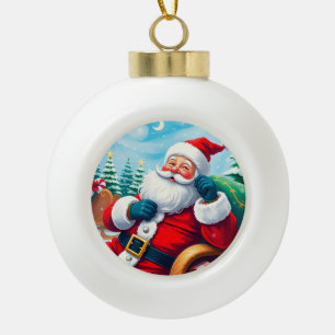 🎅 Santa Relaxing in Cosy Christmas Sleigh ❄️ Ceramic Ball Christmas Ornament