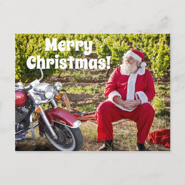 Santa resting with his Motorcycle Christmas Postcard (Front)