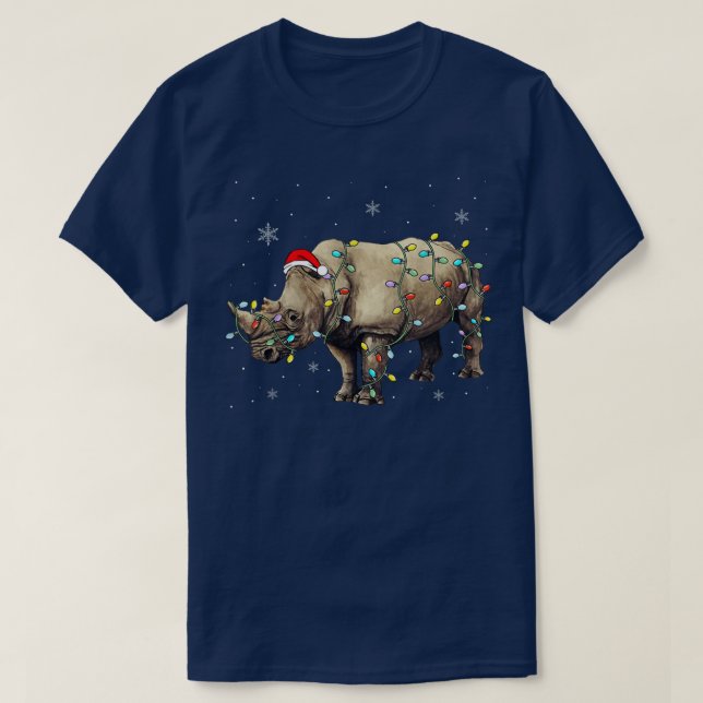 Santa Rhino Christmas Lights Rhino Lover Xmas Funn T-Shirt (Design Front)