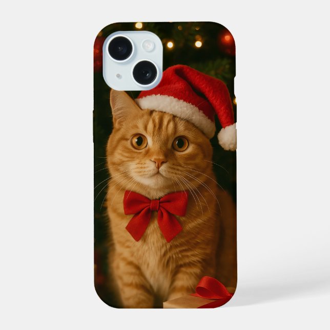 Santa Ribbon Cat iPhone 15 Case (Back)