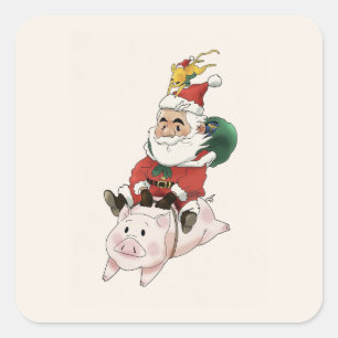Santa Ridding A Pig With A Mouse Holding On cards  Square Sticker