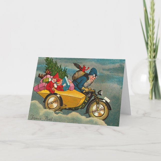 Santa Rides a Motorcycle - Christmas Holiday Card (Front)