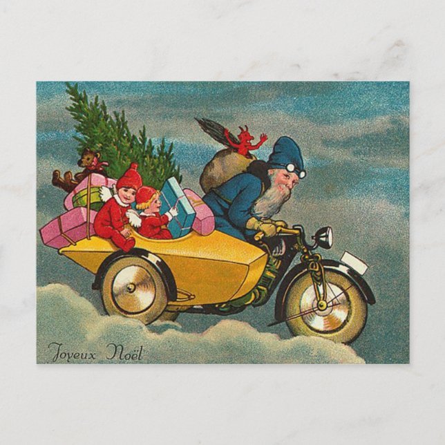 Santa Rides a Motorcycle - Christmas Holiday Postcard (Front)