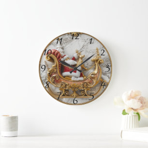 Santa rides a sleigh with reindeer large clock