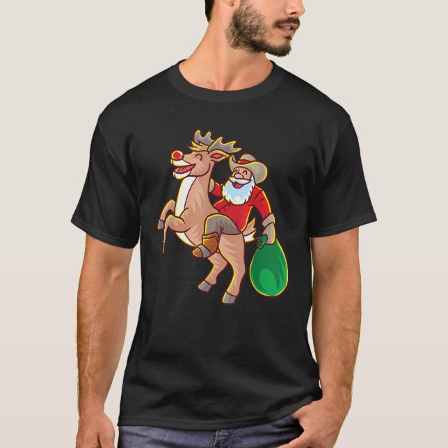Santa Rides Reindeer Christmas Cowboy Santa Claus  T-Shirt (Front)