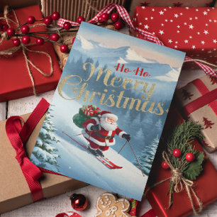 Santa rides skis down a snow-covered slope postcard