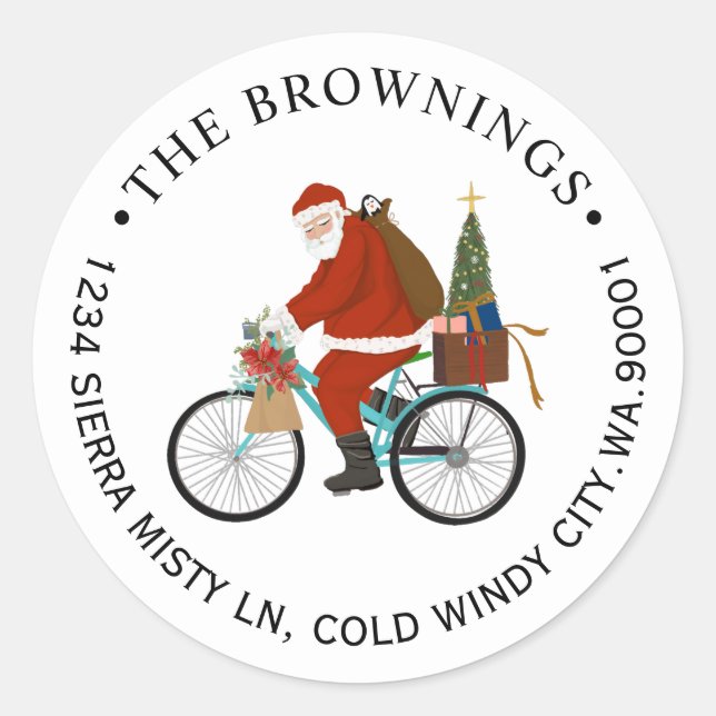 Santa Riding a Bike Christmas Holiday Address Classic Round Sticker (Front)