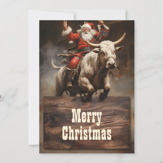 Santa Riding a Bull Holiday Card (Front)