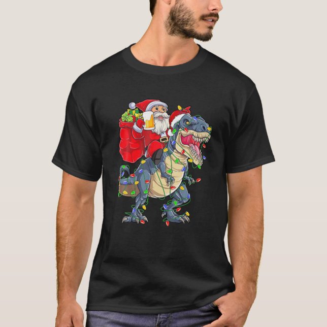 Santa Riding A Dinosaur Christmas Tree T Rex Drink T-Shirt (Front)