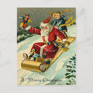 Santa riding a golden magical carpet holiday postcard