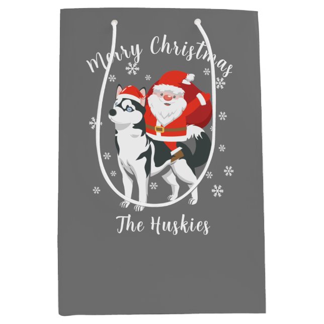 Santa Riding a Husky Dog Merry Christmas Medium Gift Bag (Front)