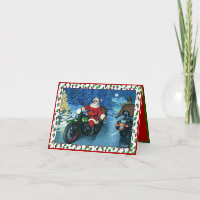 Santa Riding a Motorcycle Christmas Card (Front)