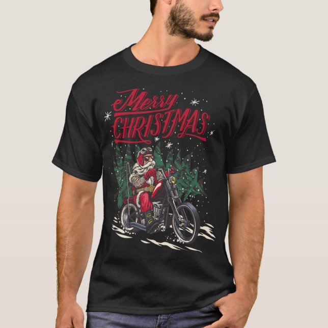Santa Riding A Motorcycle Christmas T-Shirt (Front)