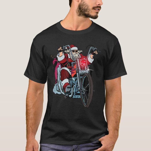 Santa Riding A Motorcycle Christmas T-Shirt (Front)