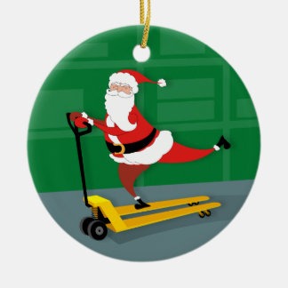 Santa Riding a Pallet Jack Ceramic Tree Decoration