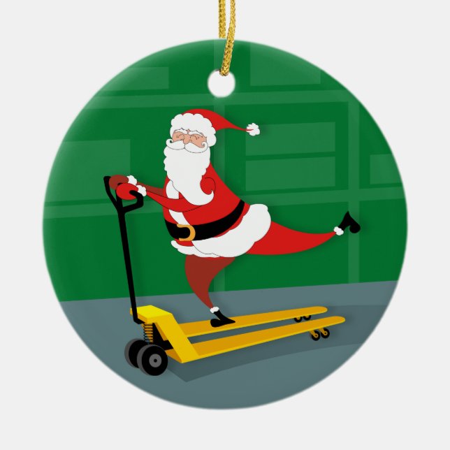 Santa Riding a Pallet Jack Ceramic Tree Decoration (Front)