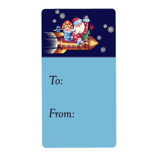 Santa Riding a Rocket Vintage Gift Tag (Front)