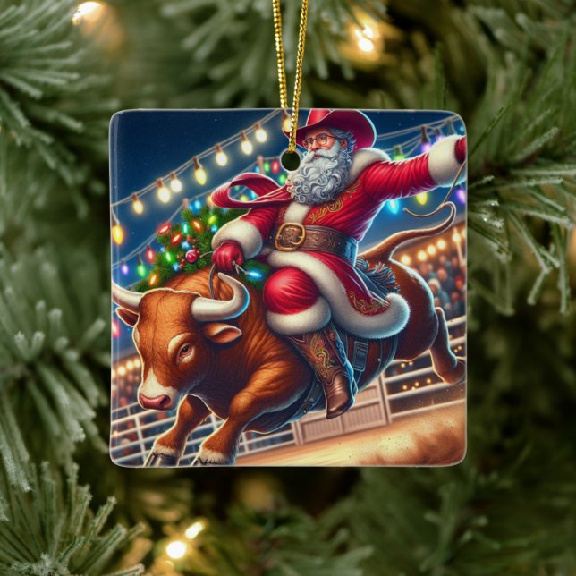 Santa Riding a Rodeo Bull Christmas Ceramic Ornament (Tree)