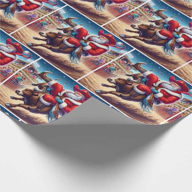 Santa Riding a Rodeo Bull Christmas Wrapping Paper (Corner)