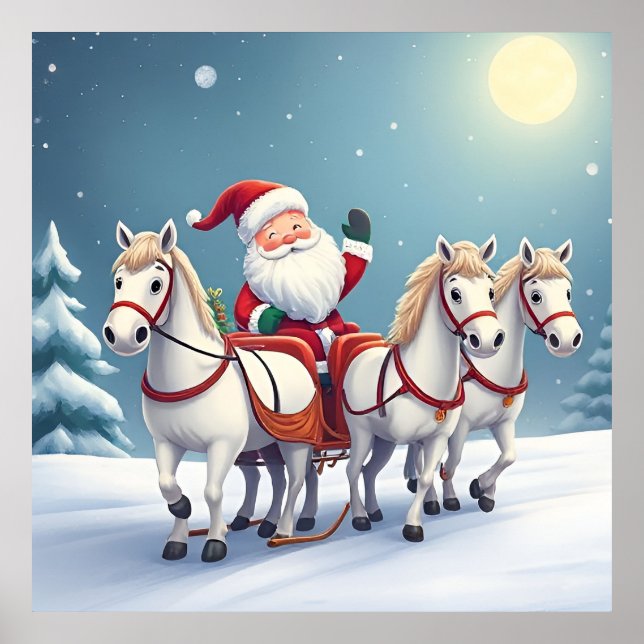 Santa Riding a Sleigh Led by White Horses Poster (Front)