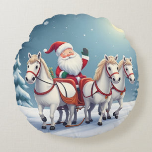 Santa Riding a Sleigh Led by White Horses Round Cushion