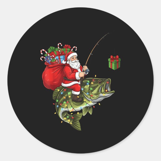 Santa Riding B Fish Christmas Fishing Funny Xmas P Classic Round Sticker (Front)