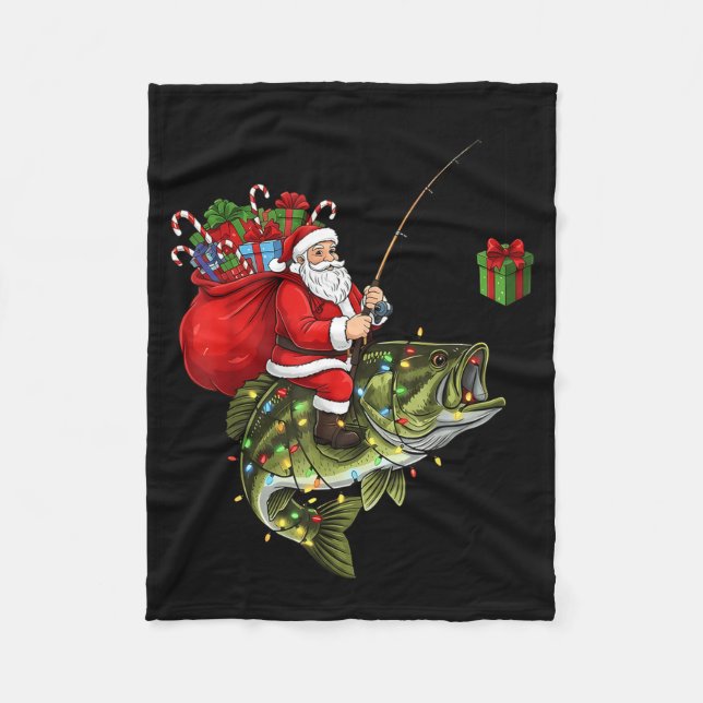 Santa Riding B Fish Christmas Fishing Funny Xmas P Fleece Blanket (Front)