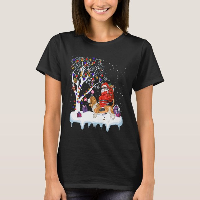 Santa Riding Basset Hound Dog Tree Lights Basset H T-Shirt (Front)