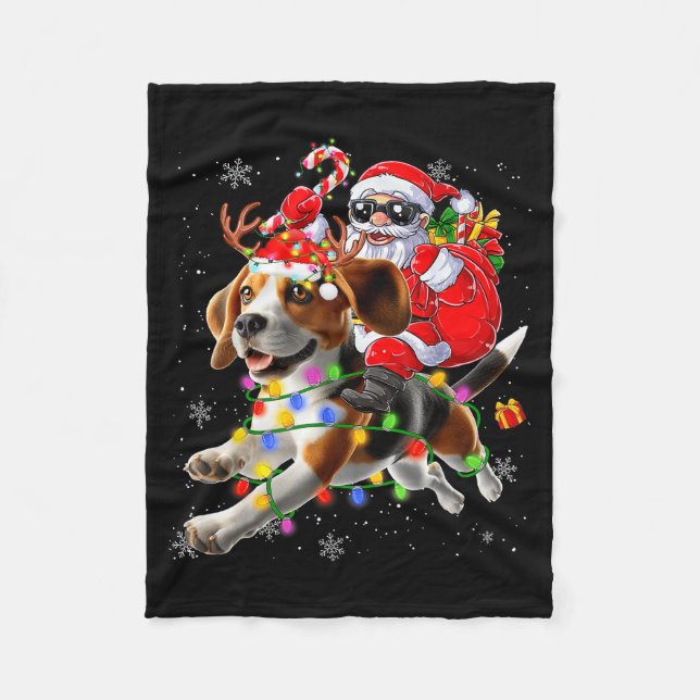 Santa Riding Beagle Christmas Lights Funny Dog Xma Fleece Blanket (Front)