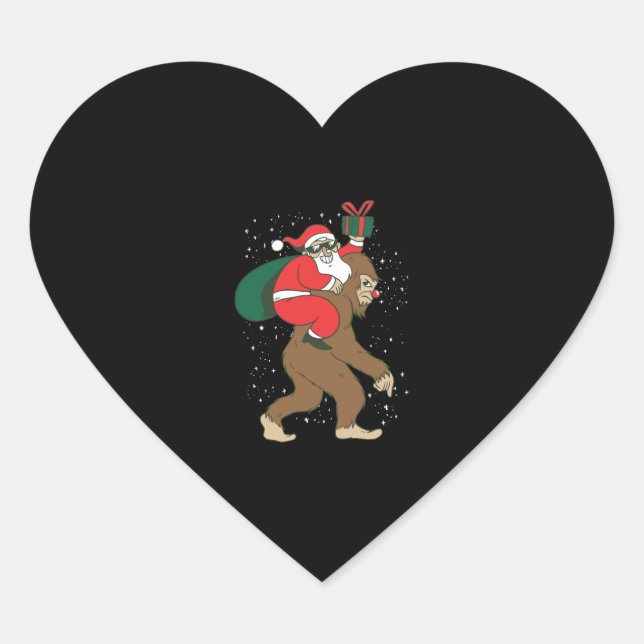 Santa Riding Bigfoot Funny Yeti Christmas design Heart Sticker (Front)