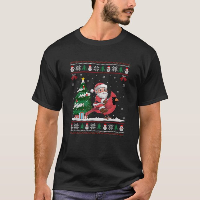 Santa Riding Cardinal Bird Tree Lighting Christmas T-Shirt (Front)