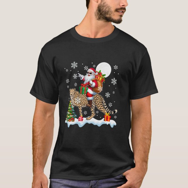 Santa Riding Cheetah Christmas Tree Colourful Ligh T-Shirt (Front)