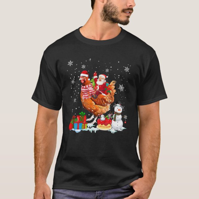 Santa Riding Chicken Christmas Pajama Family Snowm T-Shirt (Front)