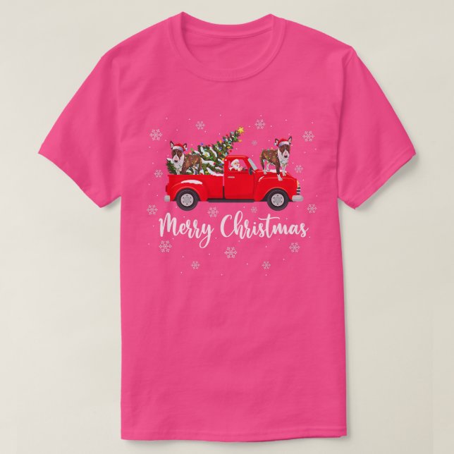 Santa Riding Christmas Tree Truck Bull Terrier Dog T-Shirt (Design Front)